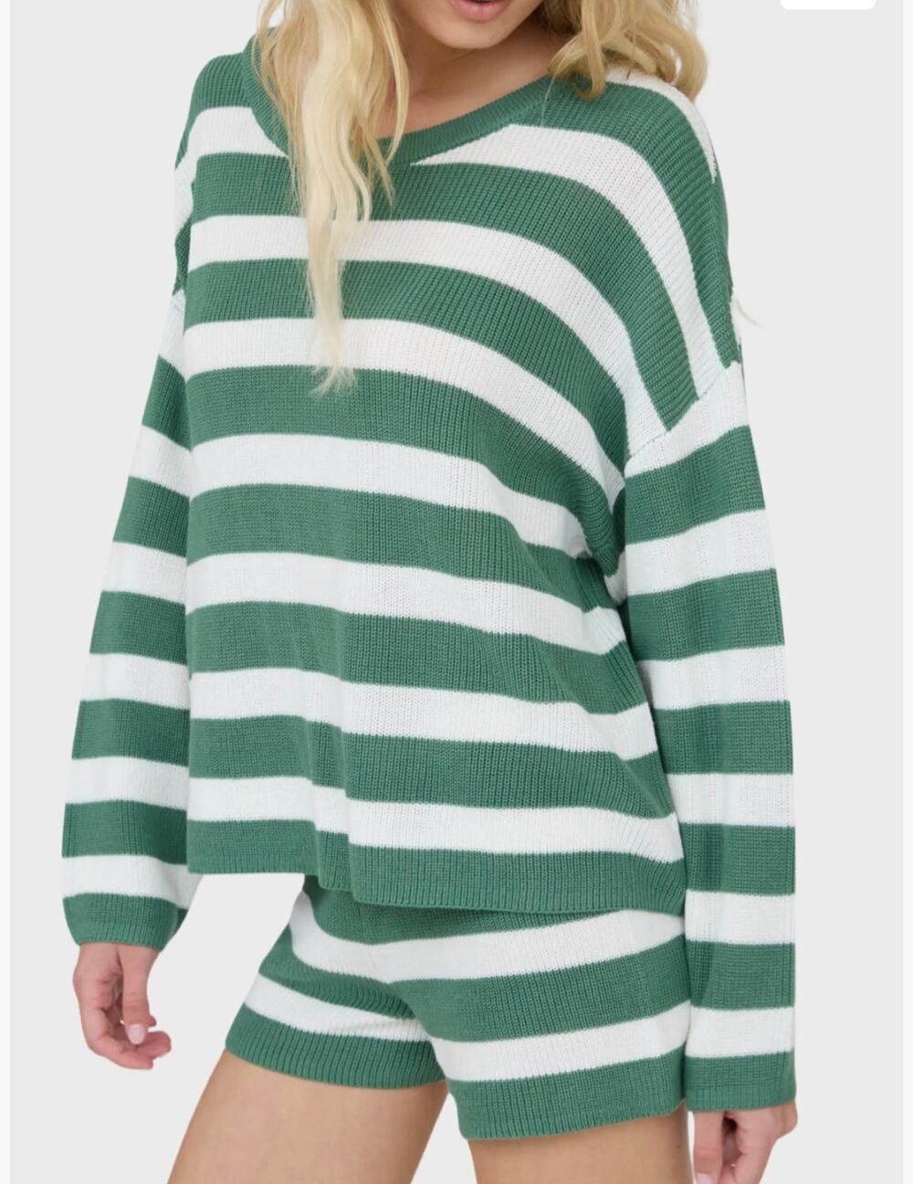 J.O.A. Green & White Striped Oversized Slouchy Knit Pullover Sweater Large NEW